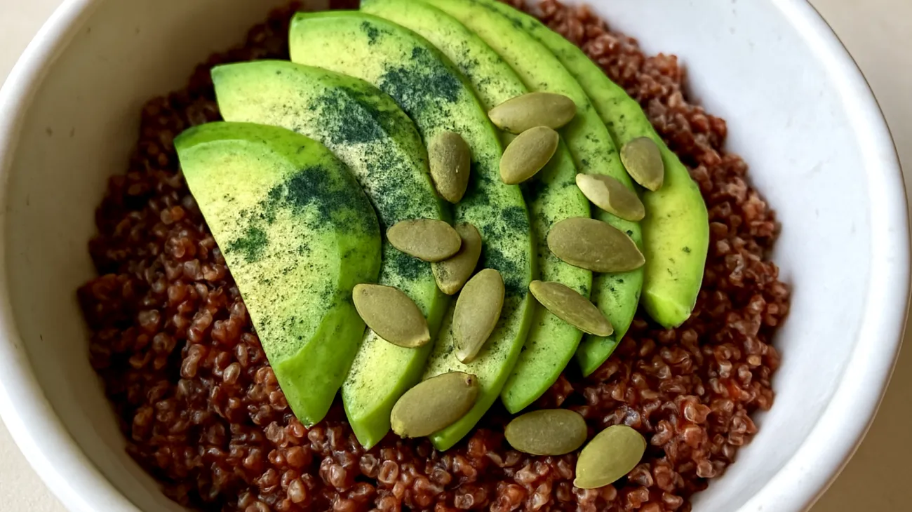 Bowl di quinoa rossa con avocado, semi di zucca e spirulina"