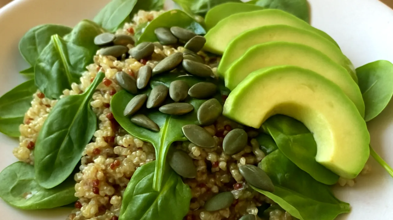 Insalata di quinoa con semi di zucca, avocado e spinacini freschi"