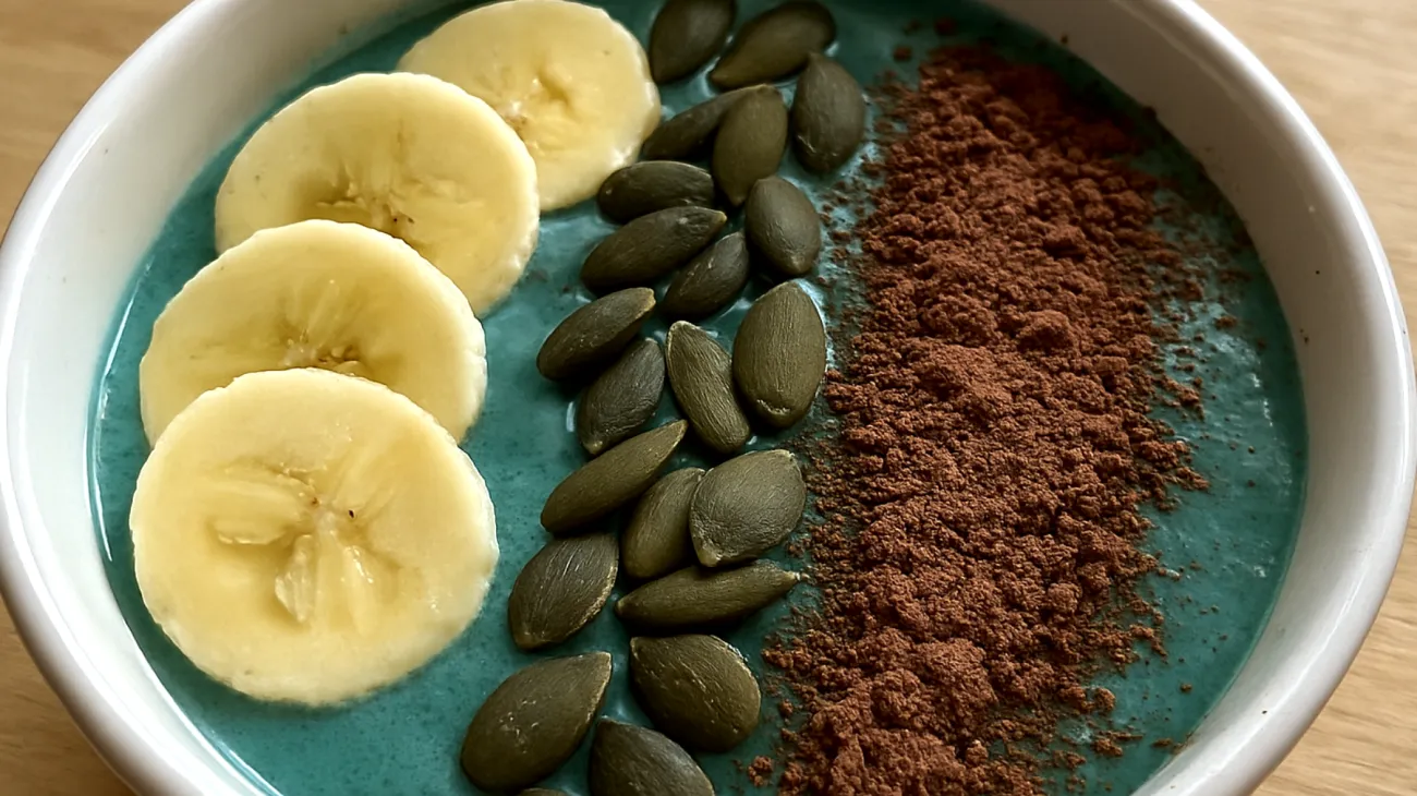 Smoothie bowl con spirulina, banana, semi di zucca e cacao crudo"